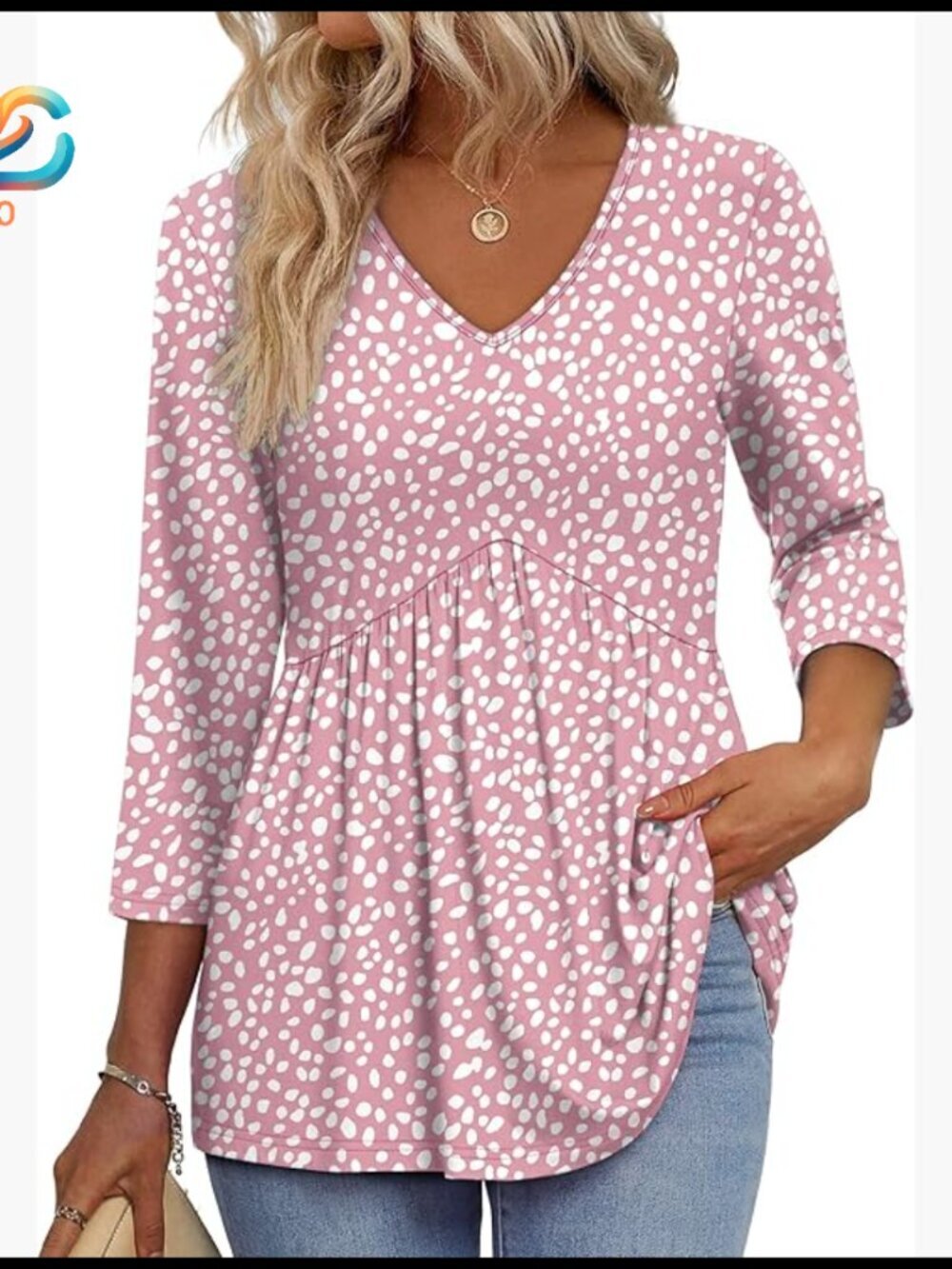 3/4 Sleeve V-Neck Tunic Top Loose Fit Lightweight Polyester Blouse